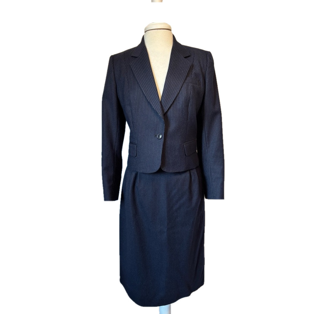 Harve Benard Womens 12P Blue Pinstripe‎ Two Piece Blazer Skirt Set Wool Business